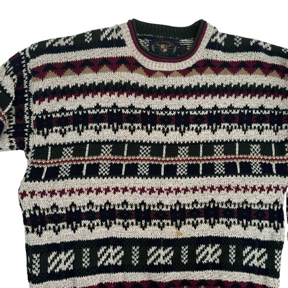 Vintage 90s Grandpa Sweater Crewneck Pullover Geometric Stripes 100% Cotton | L - Picture 3 of 10